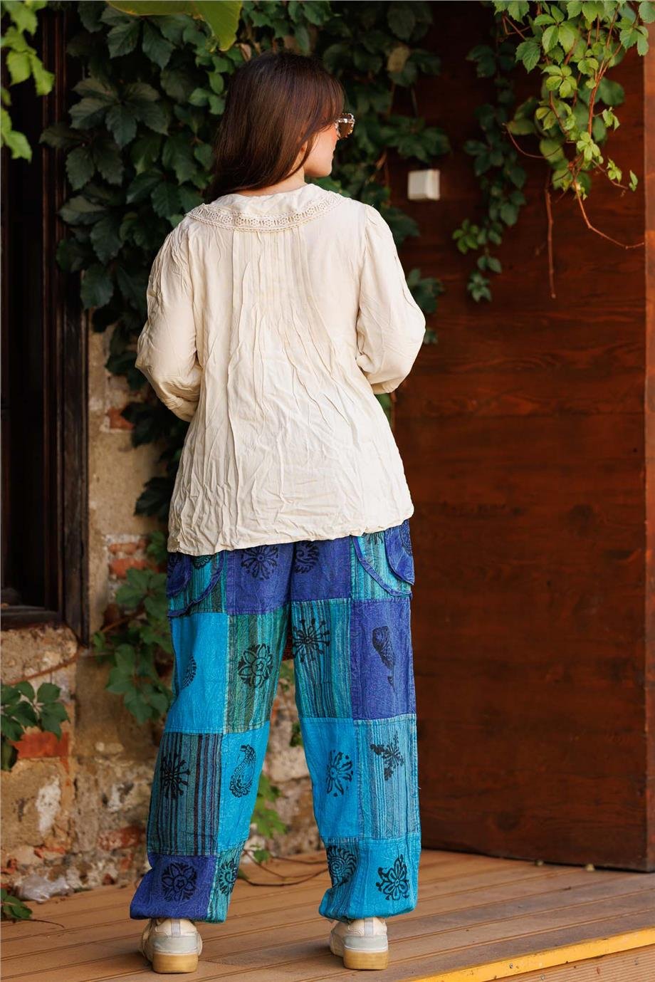 Turkuaz Renk Cep Ve Fermuar Detaylı Patchwork Bohem Pantolon