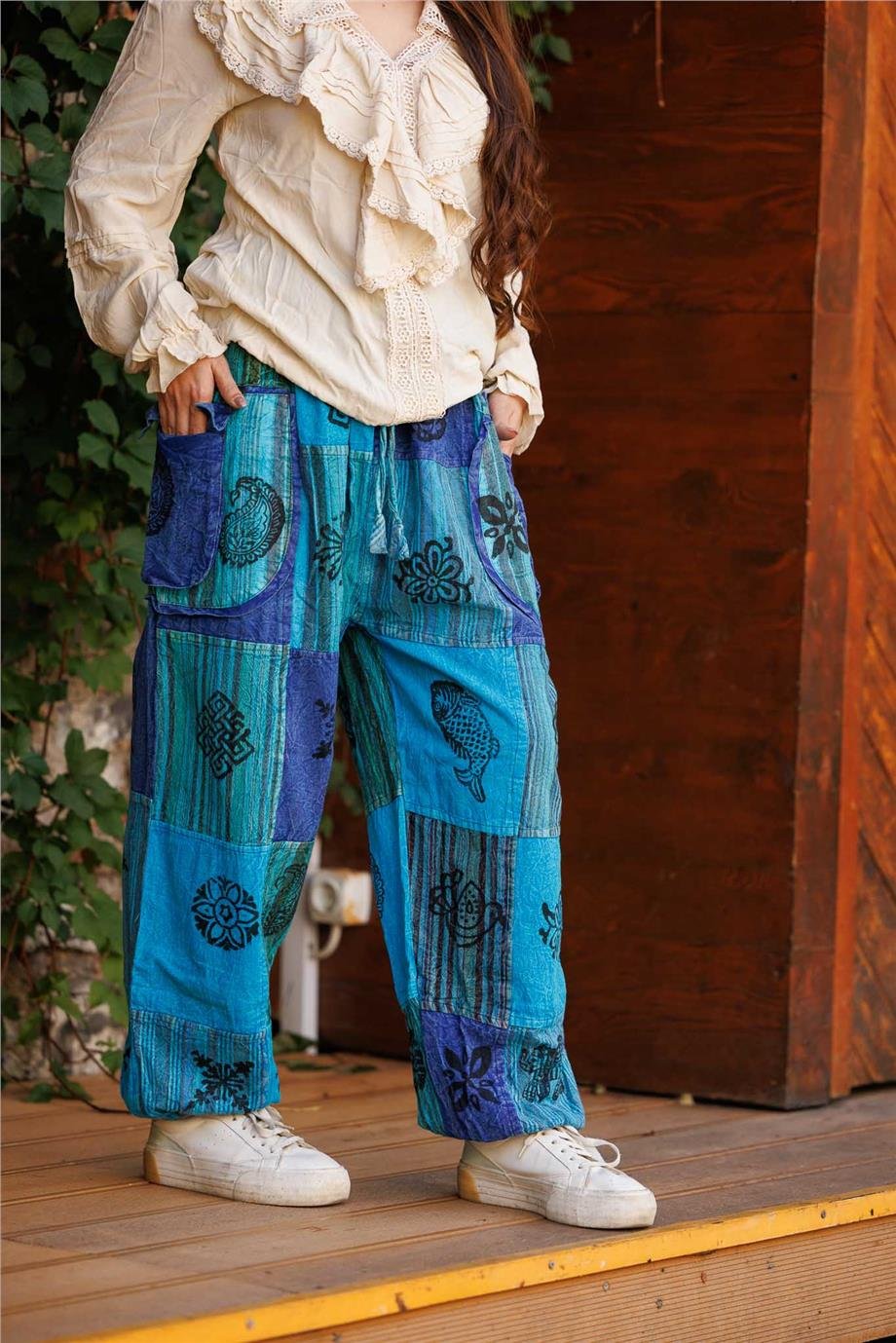 Turkuaz Renk Cep Ve Fermuar Detaylı Patchwork Bohem Pantolon