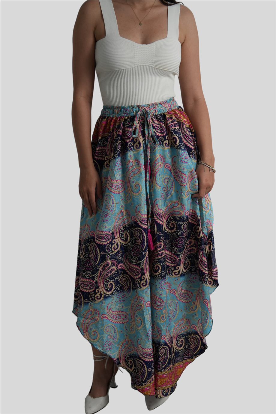 Turkuaz Renk Gold Detaylı İpek Uzun Etek