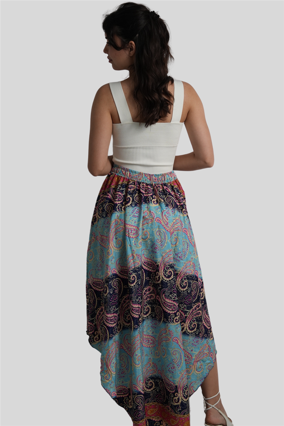 Turkuaz Renk Gold Detaylı İpek Uzun Etek