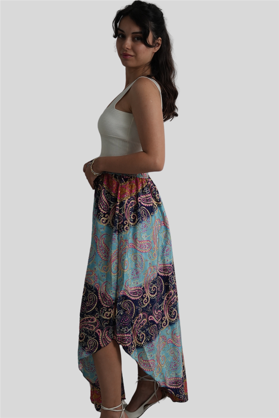 Turkuaz Renk Gold Detaylı İpek Uzun Etek