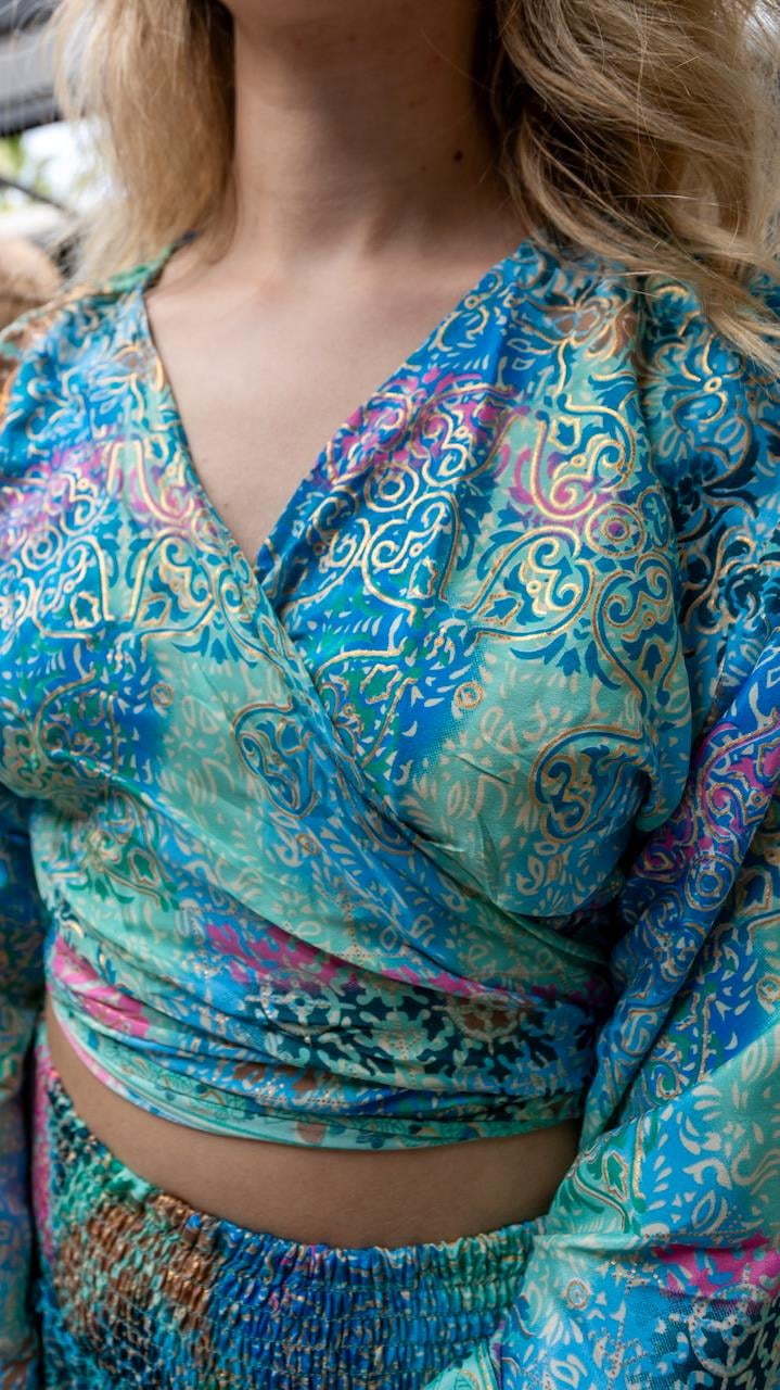 Turkuaz Renk İpek Etek Bluz Takım