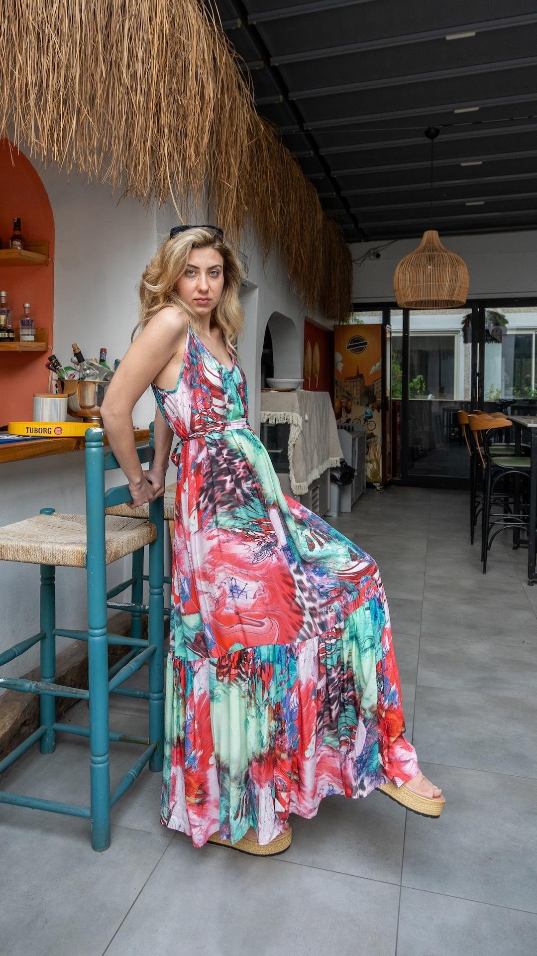 Turkuaz Renk Kuşaklı Elbise