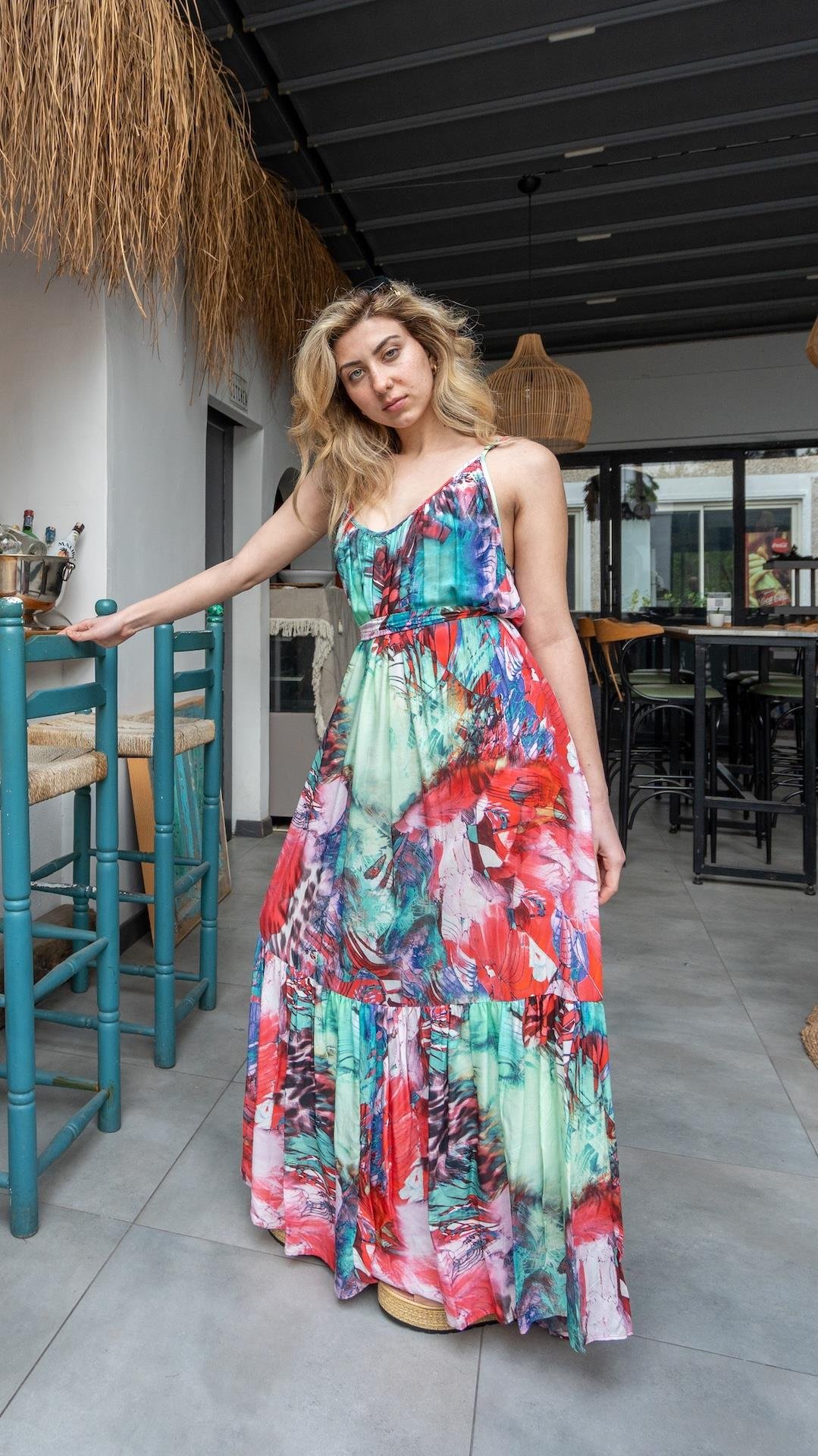 Turkuaz Renk Kuşaklı Elbise