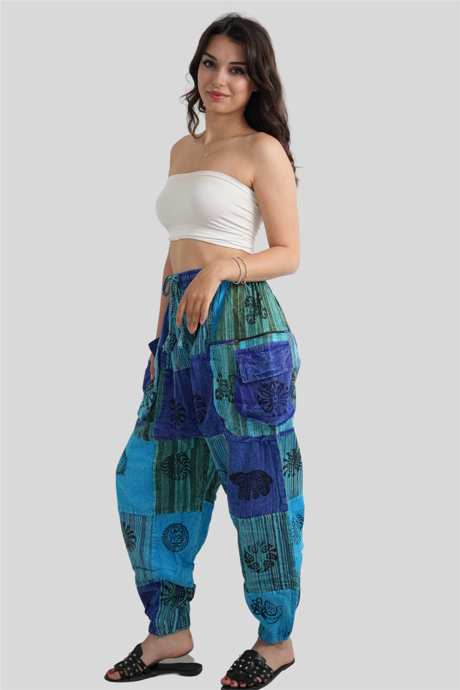 Turkuaz Unisex Bohem Nepal Cepli Fermuar Detaylı Pantolon