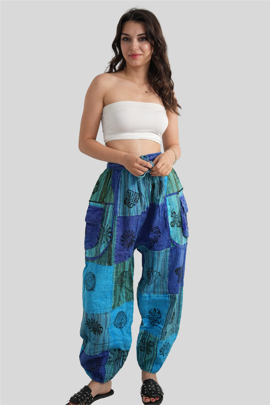 Turkuaz Unisex Bohem Nepal Cepli Fermuar Detaylı Pantolon