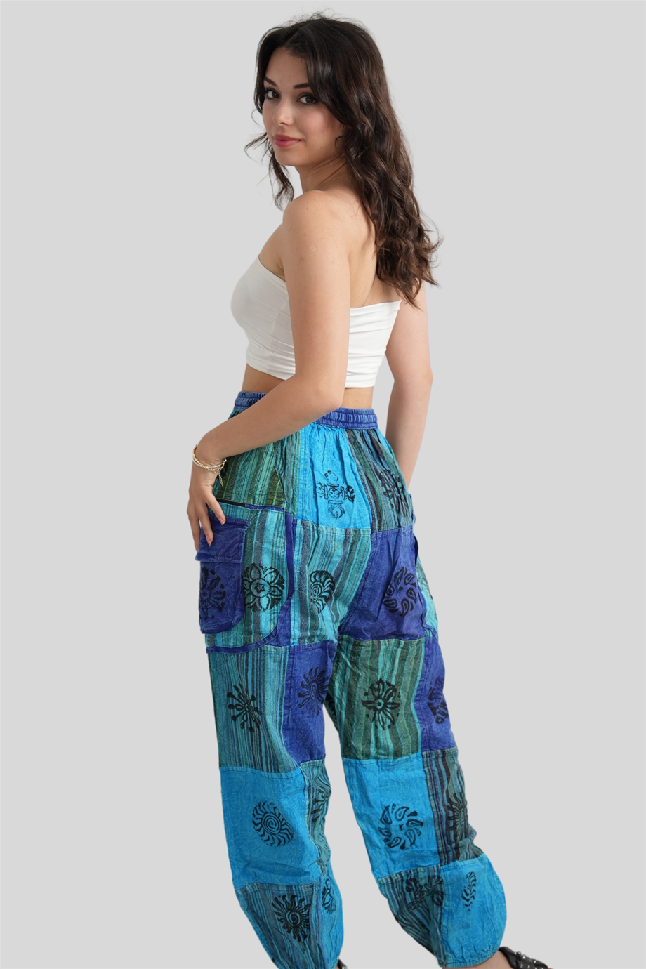 Turkuaz Unisex Bohem Nepal Cepli Fermuar Detaylı Pantolon