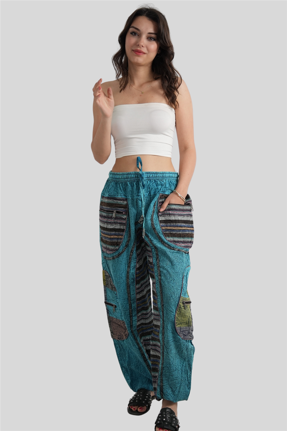 Turkuaz Unisex Bohem Nepal Cepli Pantolon