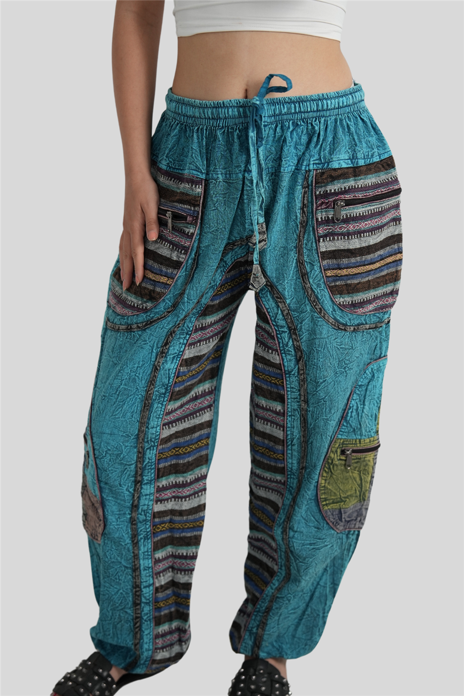 Turkuaz Unisex Bohem Nepal Cepli Pantolon