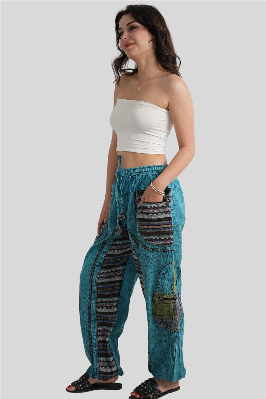 Turkuaz Unisex Bohem Nepal Cepli Pantolon