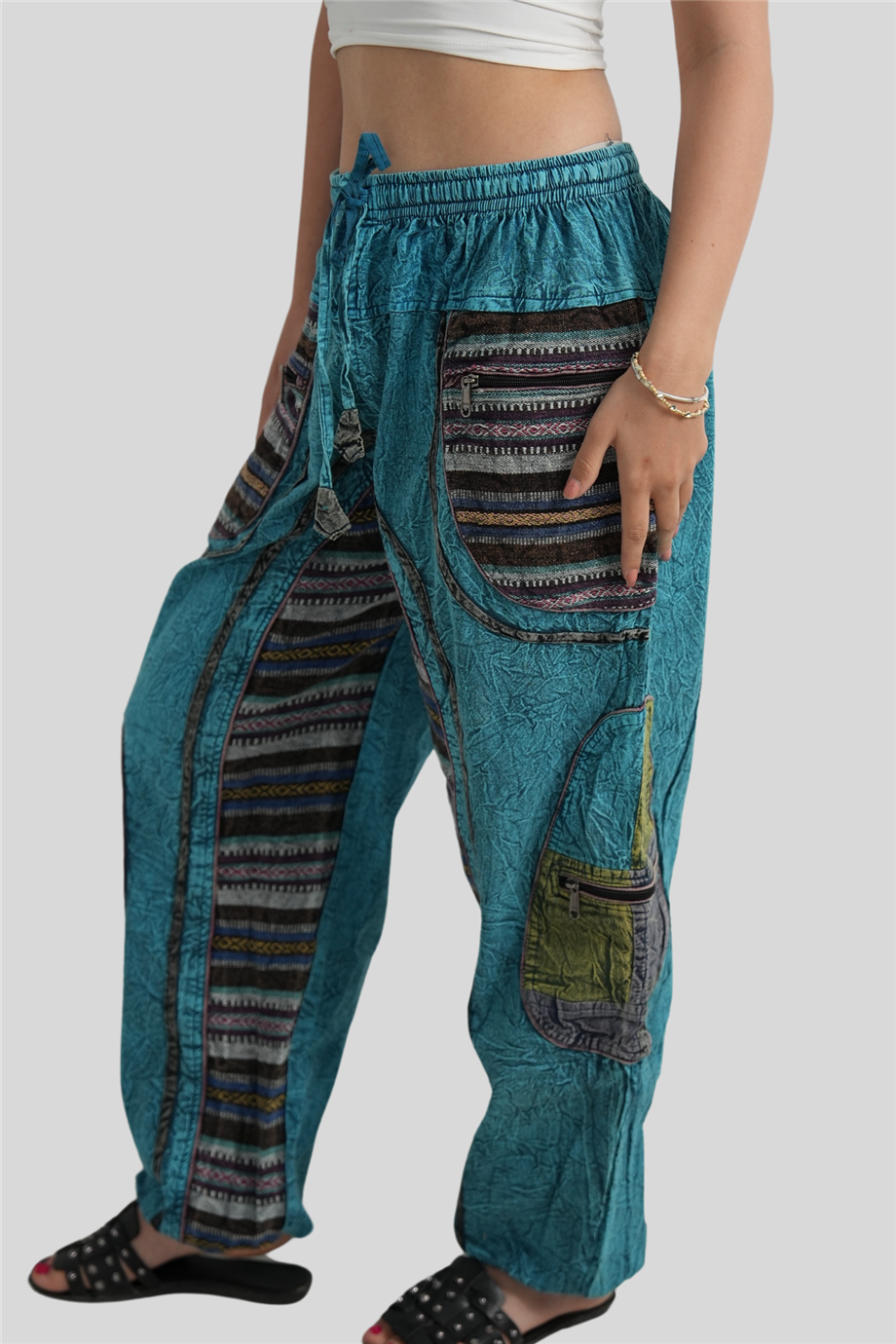 Turkuaz Unisex Bohem Nepal Cepli Pantolon