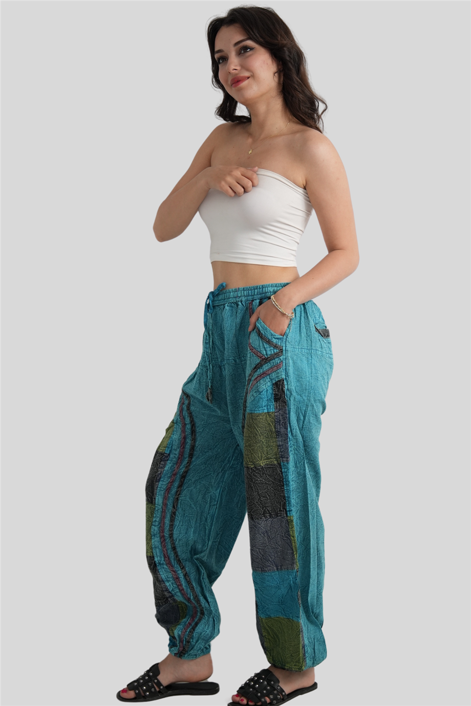 Turkuaz Unisex Bohem Nepal Patchwork Pantolon