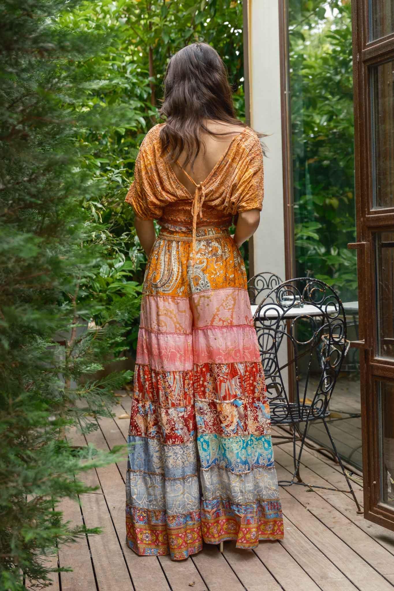 Turuncu Bohem Patchwork Palazzo İpek Pantolon