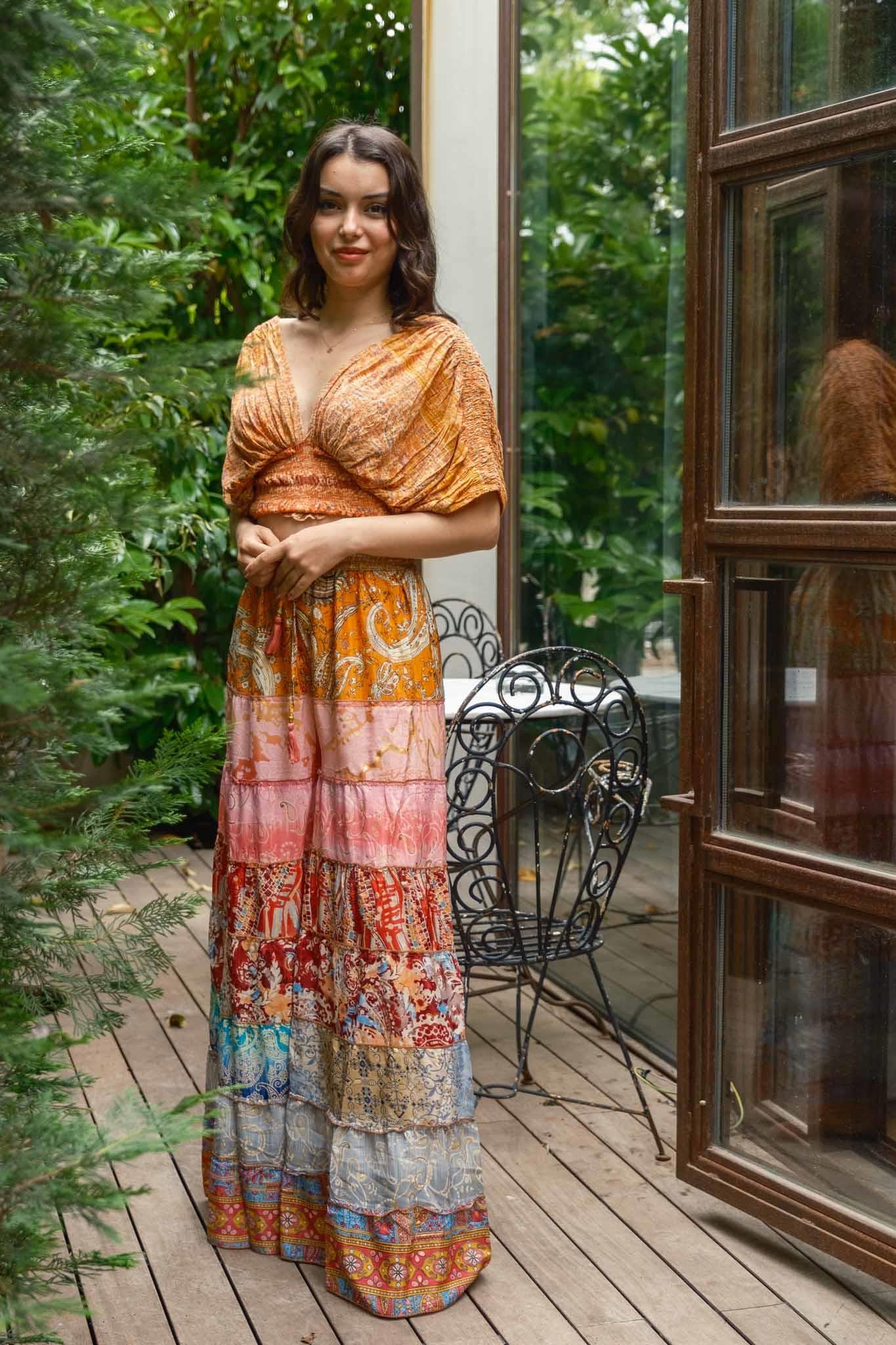 Turuncu Bohem Patchwork Palazzo İpek Pantolon