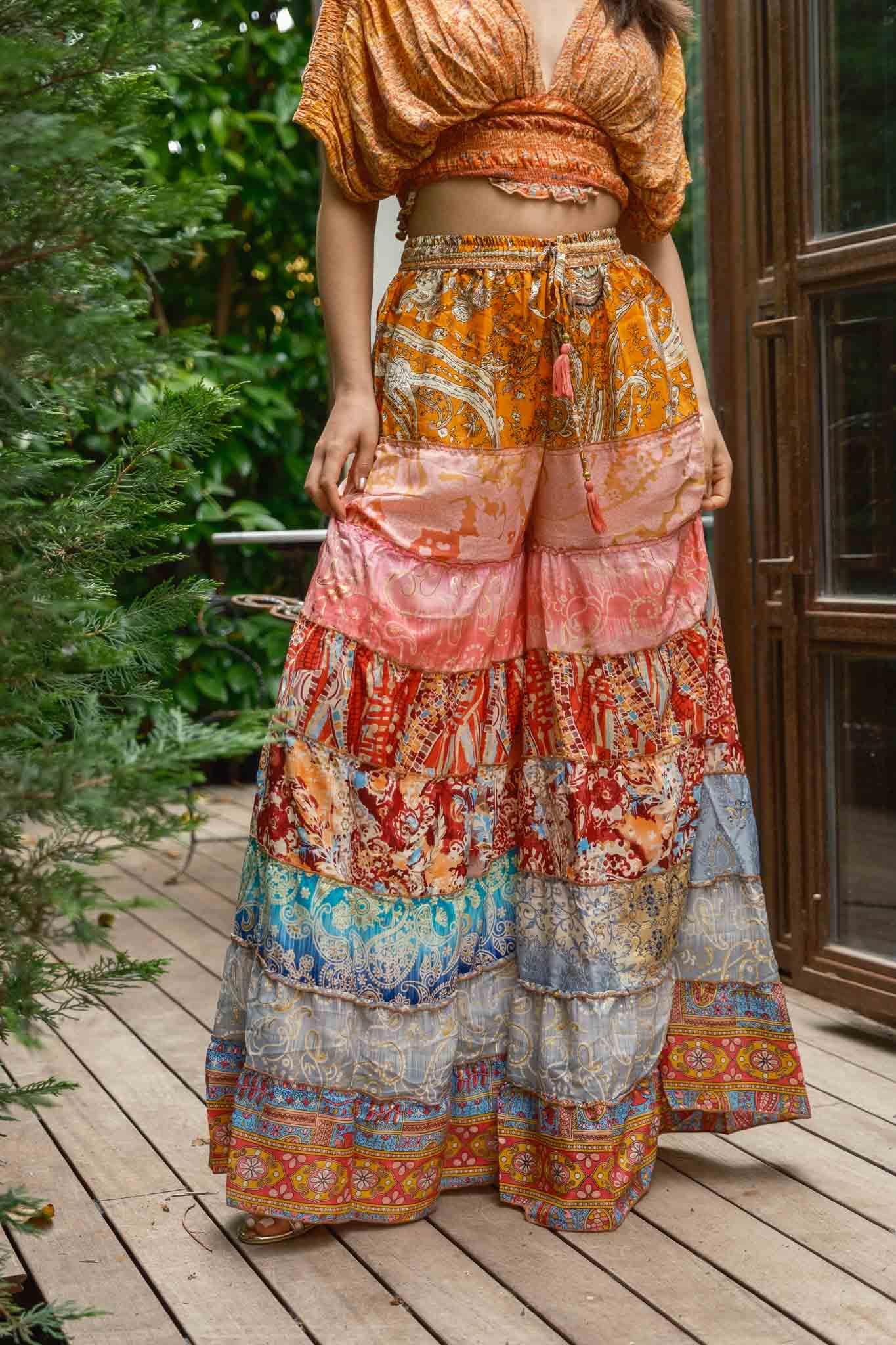 Turuncu Bohem Patchwork Palazzo İpek Pantolon