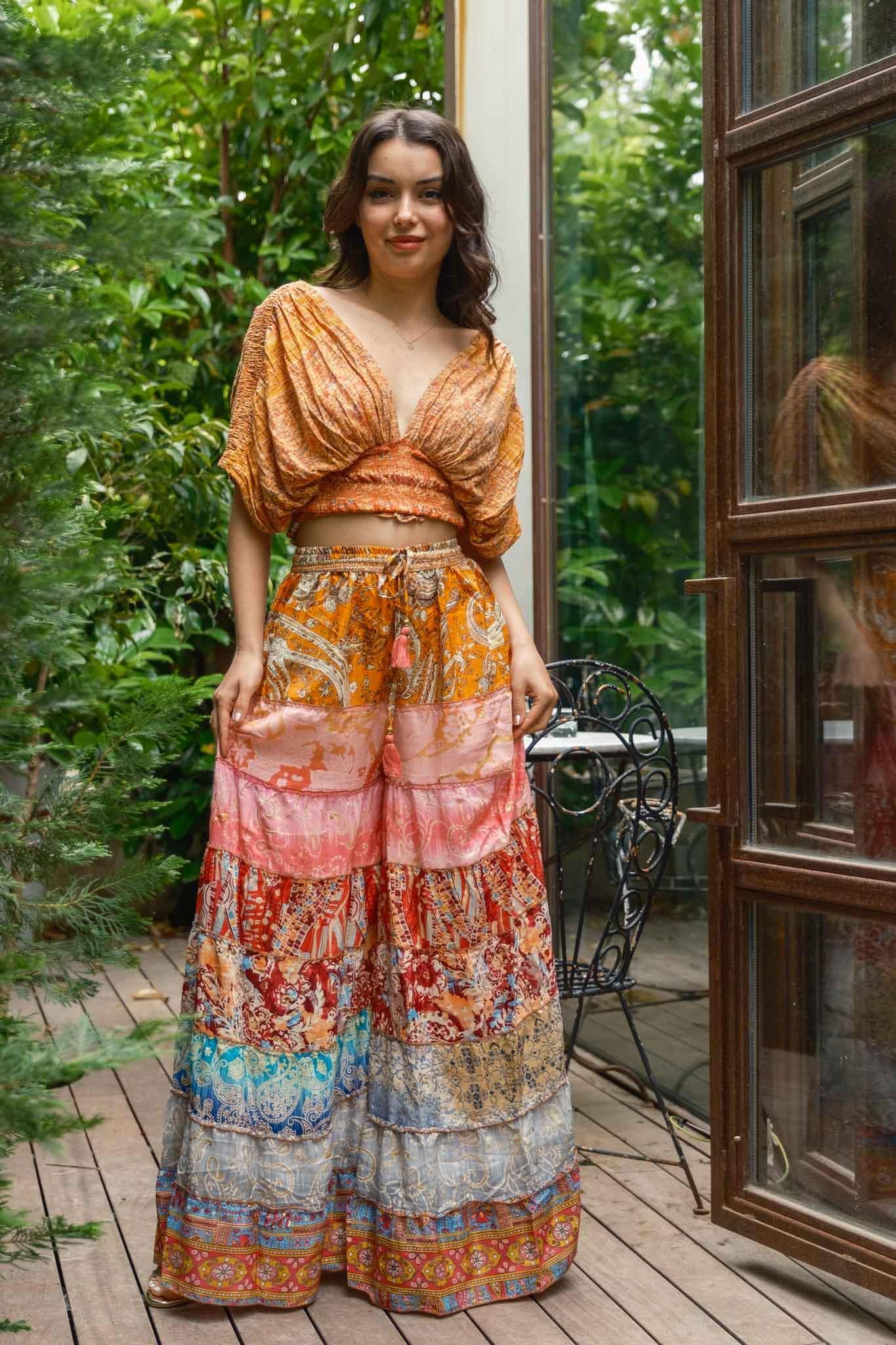 Turuncu Bohem Patchwork Palazzo İpek Pantolon