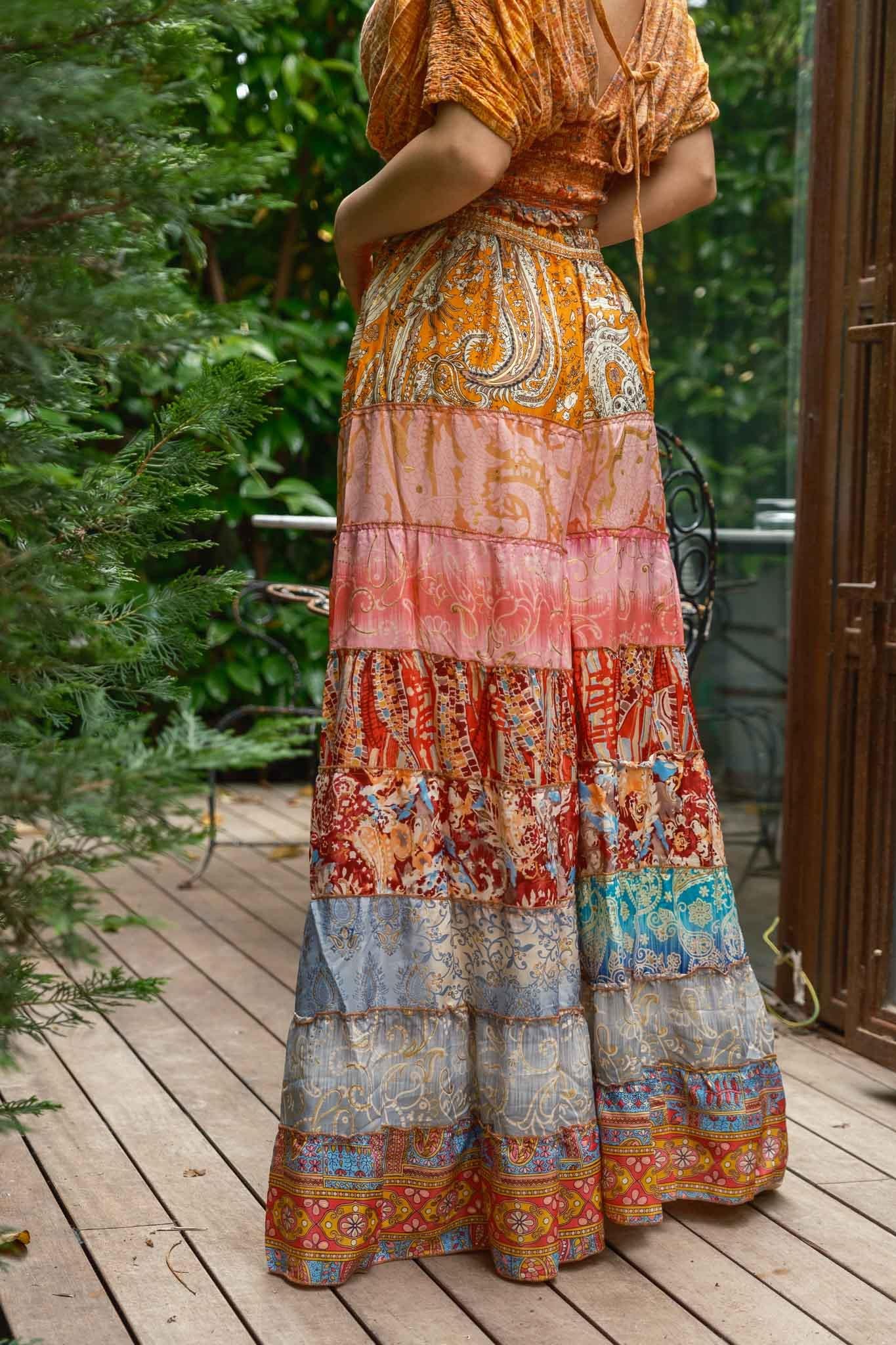 Turuncu Bohem Patchwork Palazzo İpek Pantolon