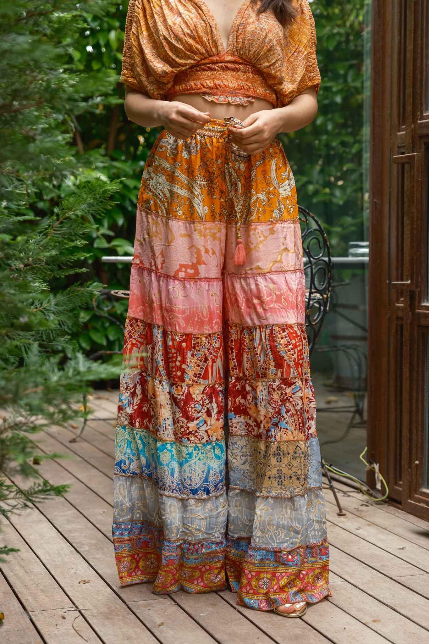 Turuncu Bohem Patchwork Palazzo İpek Pantolon