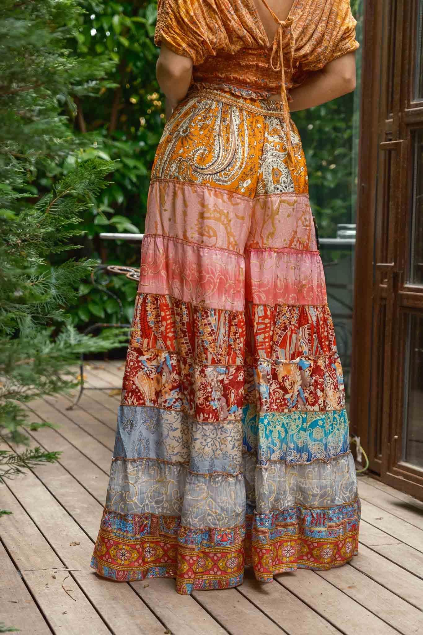 Turuncu Bohem Patchwork Palazzo İpek Pantolon