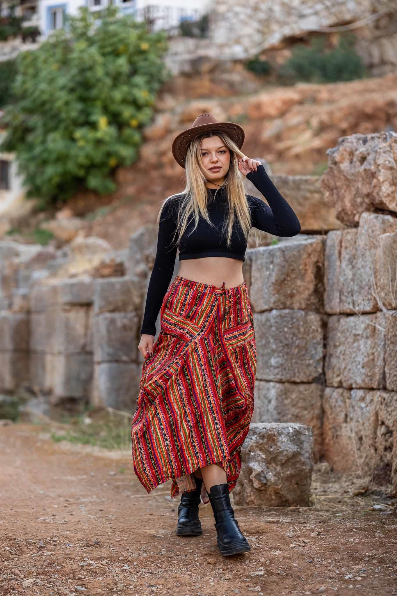 Turuncu Desenli Beli Bağcıklı Cepli Bohem Etek 