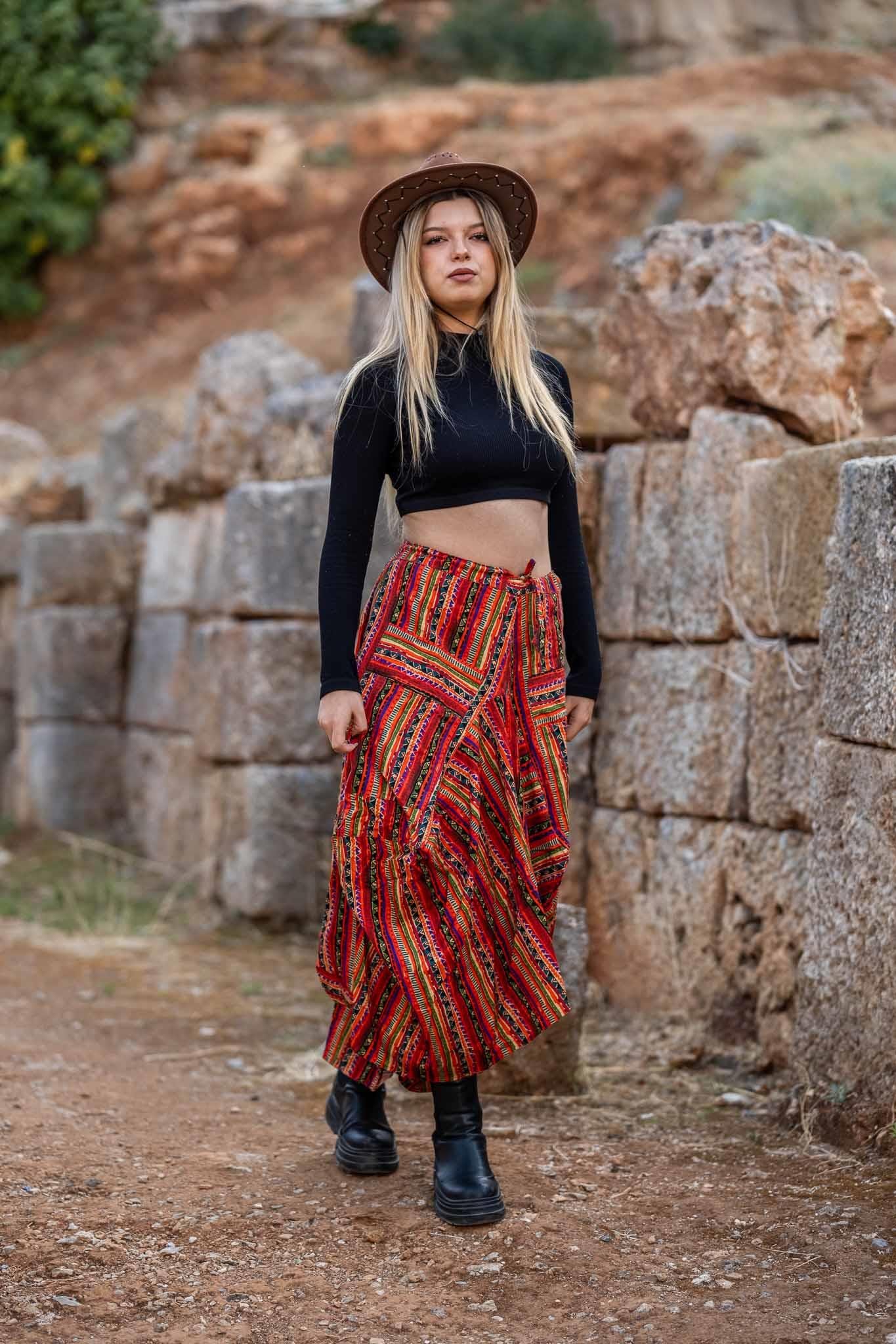 Turuncu Desenli Beli Bağcıklı Cepli Bohem Etek 