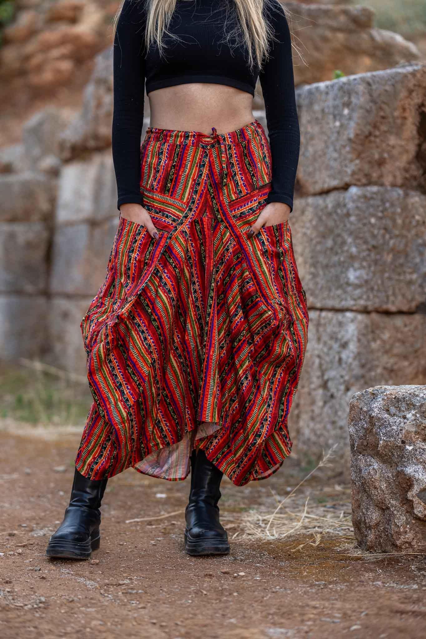 Turuncu Desenli Beli Bağcıklı Cepli Bohem Etek 