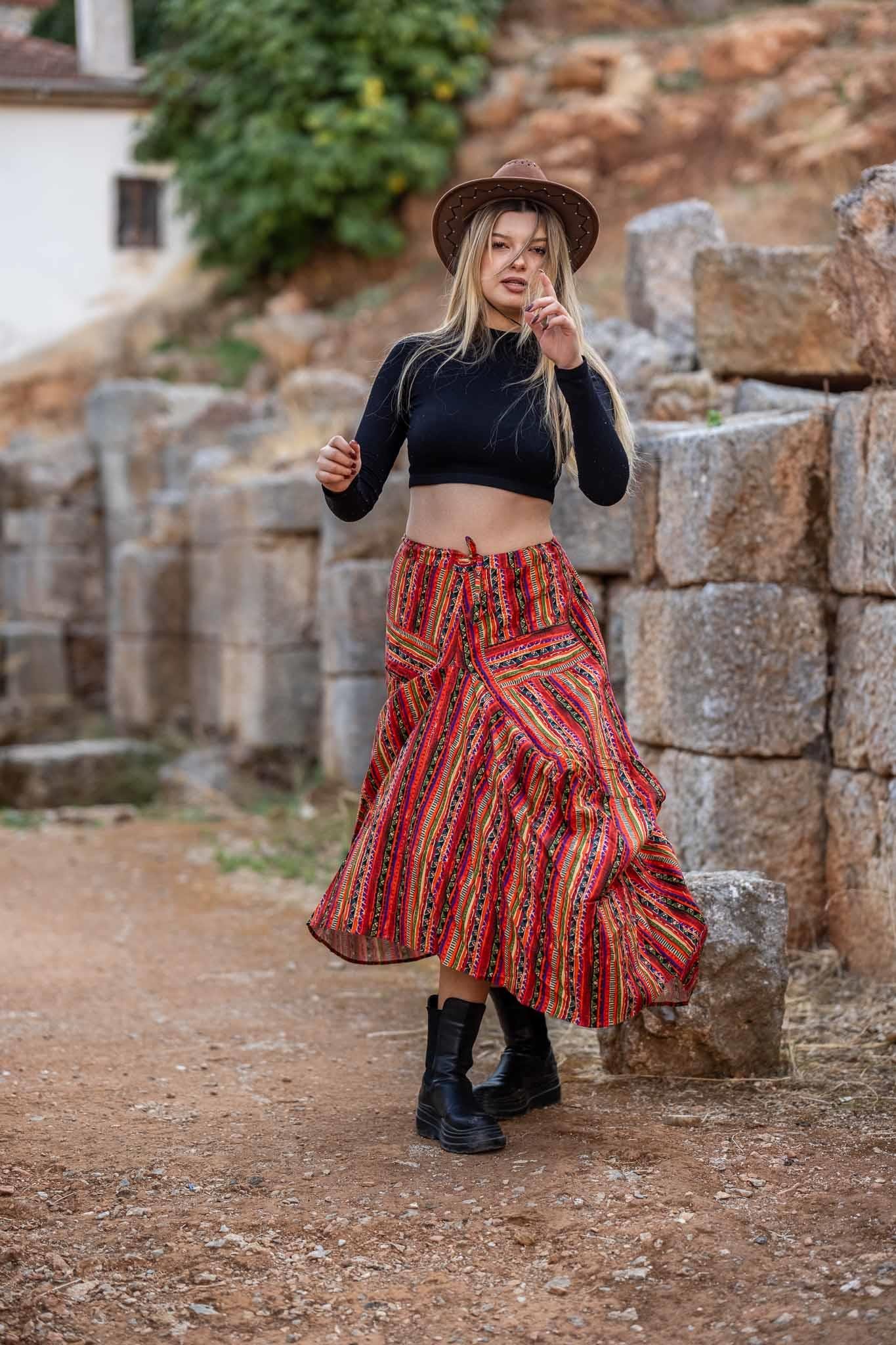 Turuncu Desenli Beli Bağcıklı Cepli Bohem Etek 