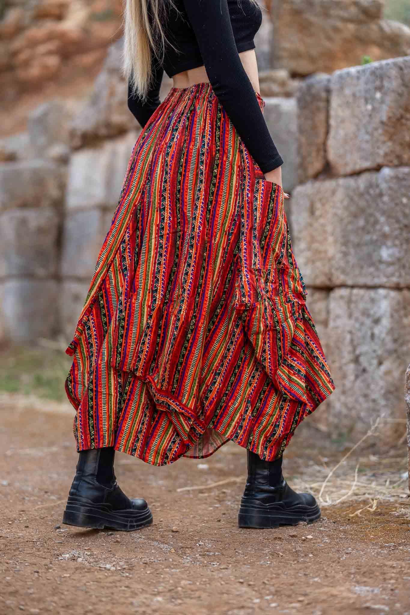 Turuncu Desenli Beli Bağcıklı Cepli Bohem Etek 