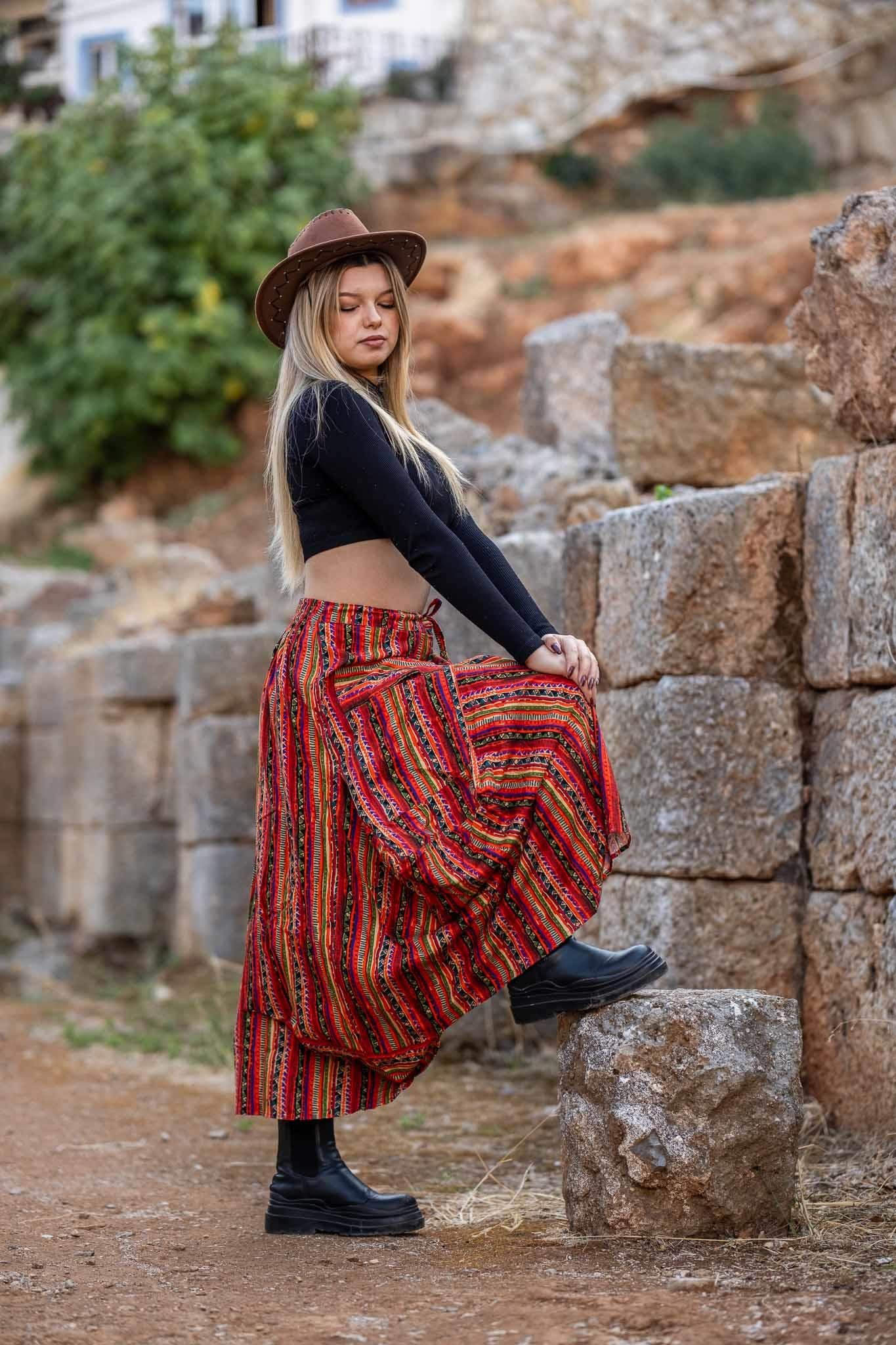 Turuncu Desenli Beli Bağcıklı Cepli Bohem Etek 