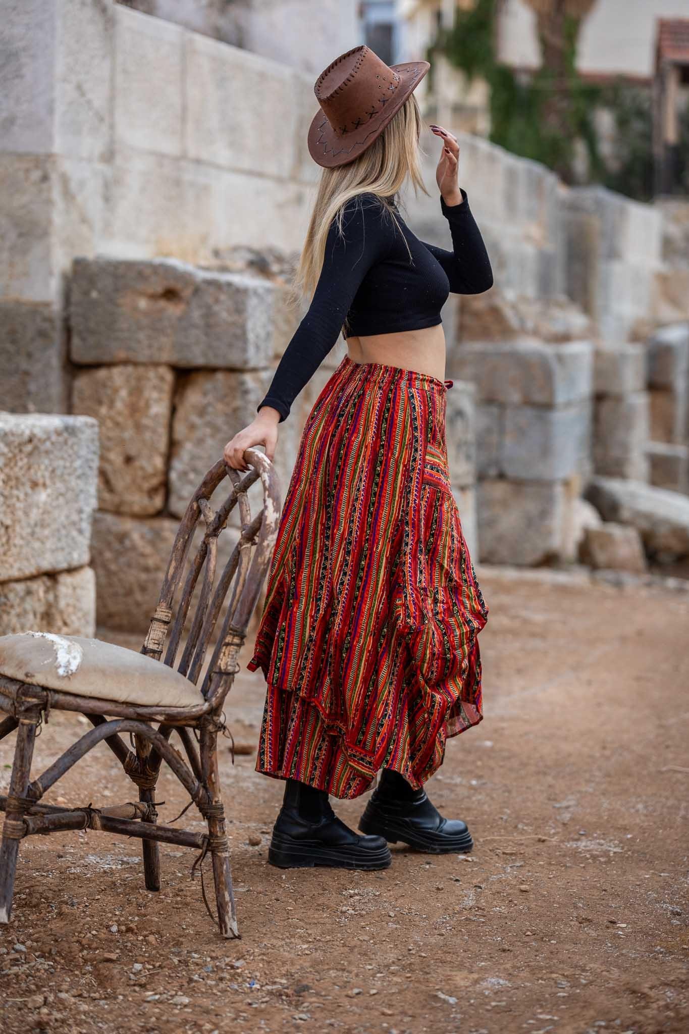 Turuncu Desenli Beli Bağcıklı Cepli Bohem Etek 