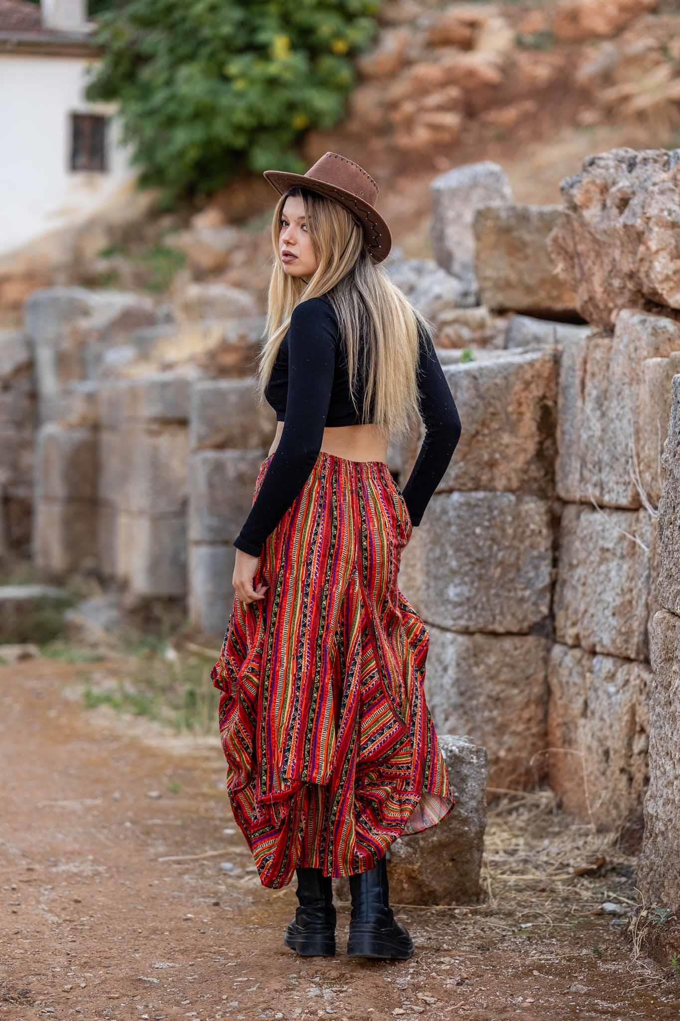 Turuncu Desenli Beli Bağcıklı Cepli Bohem Etek 