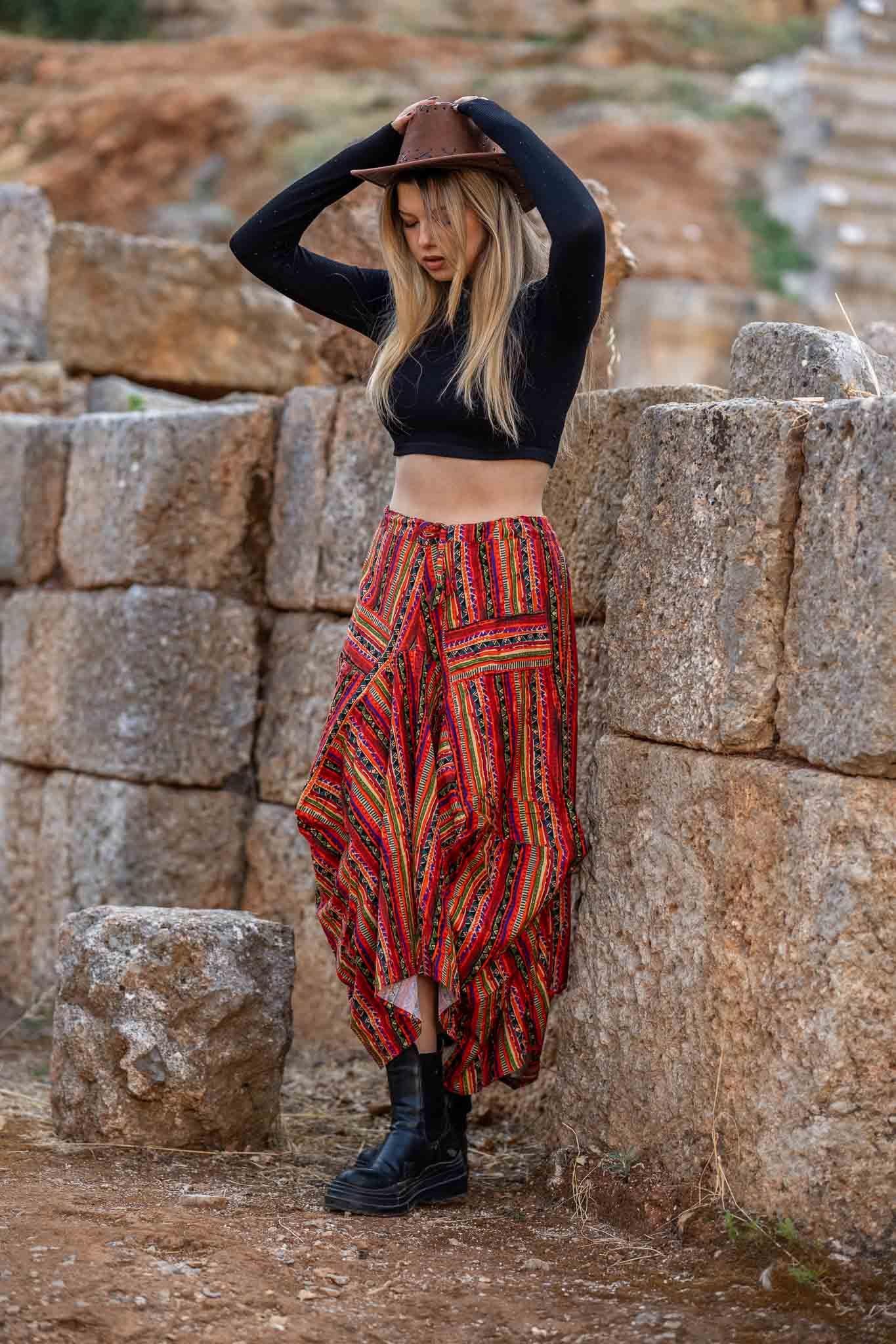 Turuncu Desenli Beli Bağcıklı Cepli Bohem Etek 