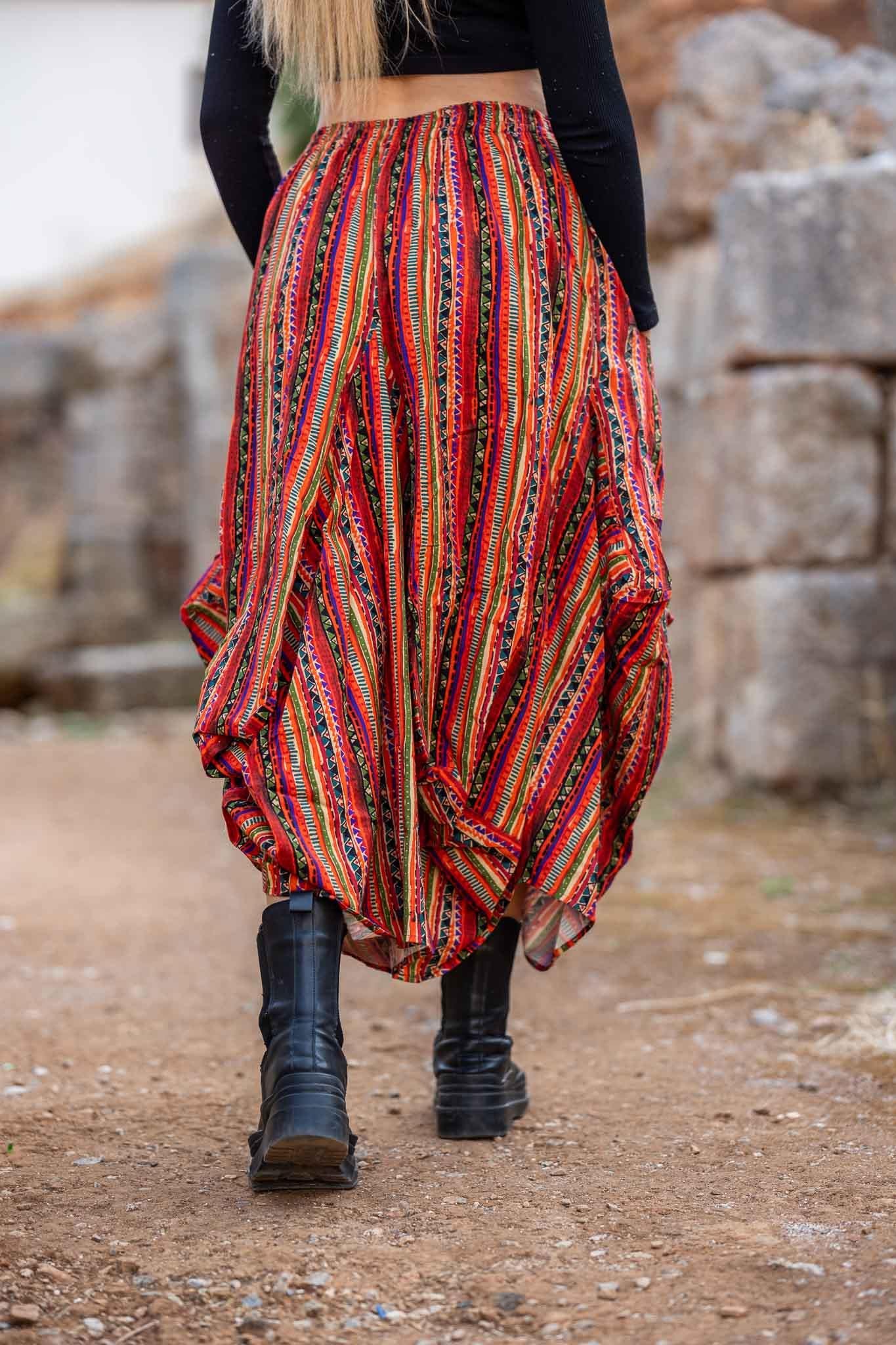 Turuncu Desenli Beli Bağcıklı Cepli Bohem Etek 