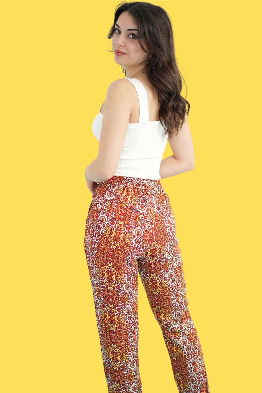 Turuncu Etnik Desenli Pantolon