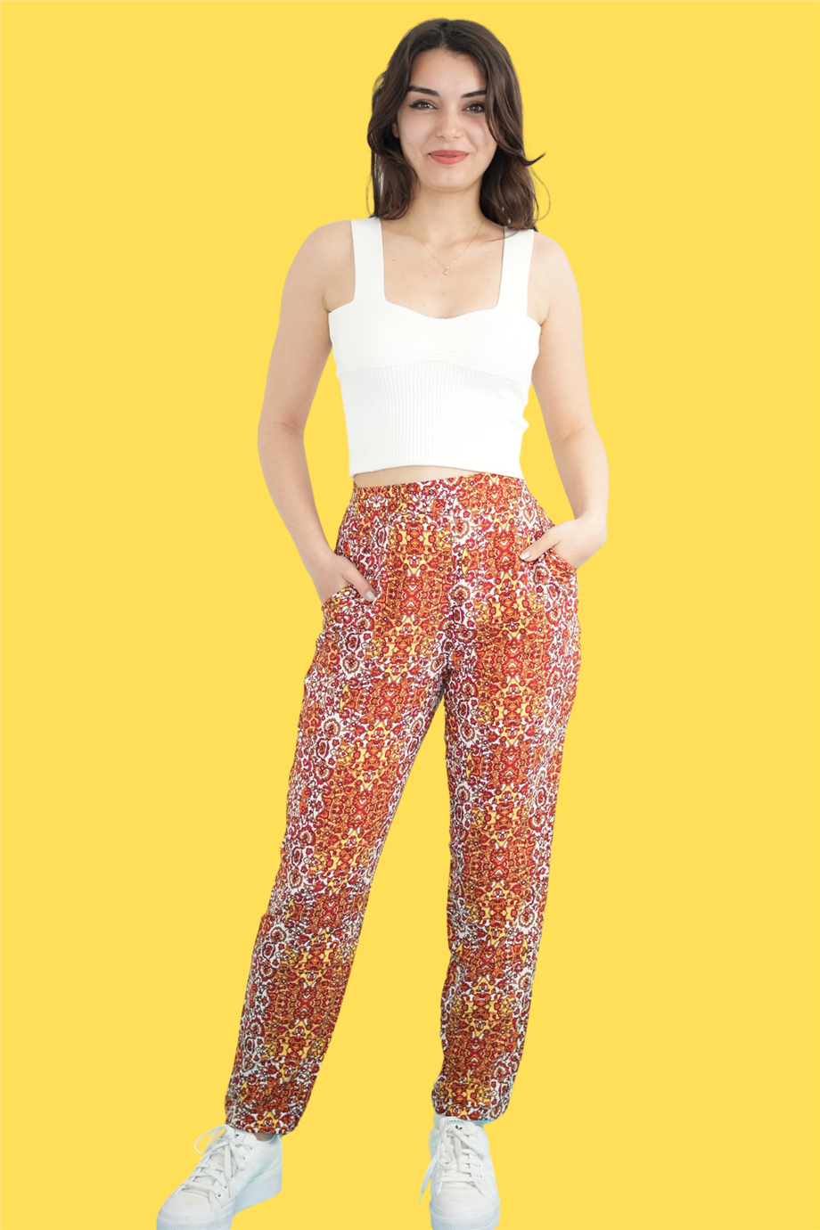 Turuncu Etnik Desenli Pantolon