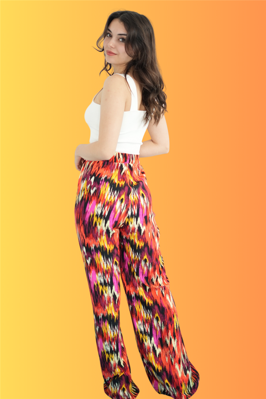 Turuncu İkat Desenli Pantolon
