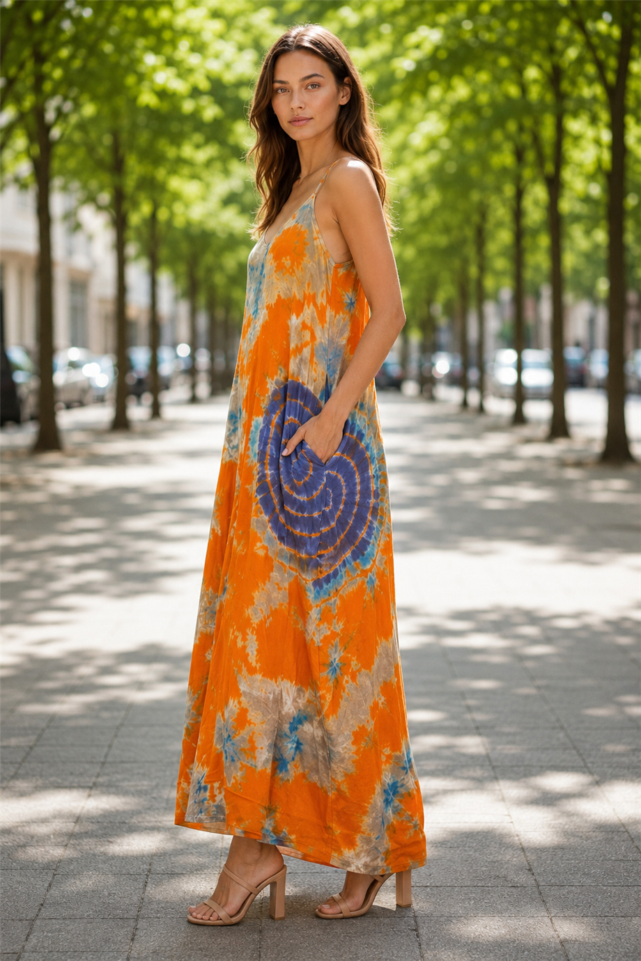Turuncu Renk Batik Desenli Askılı Elbise