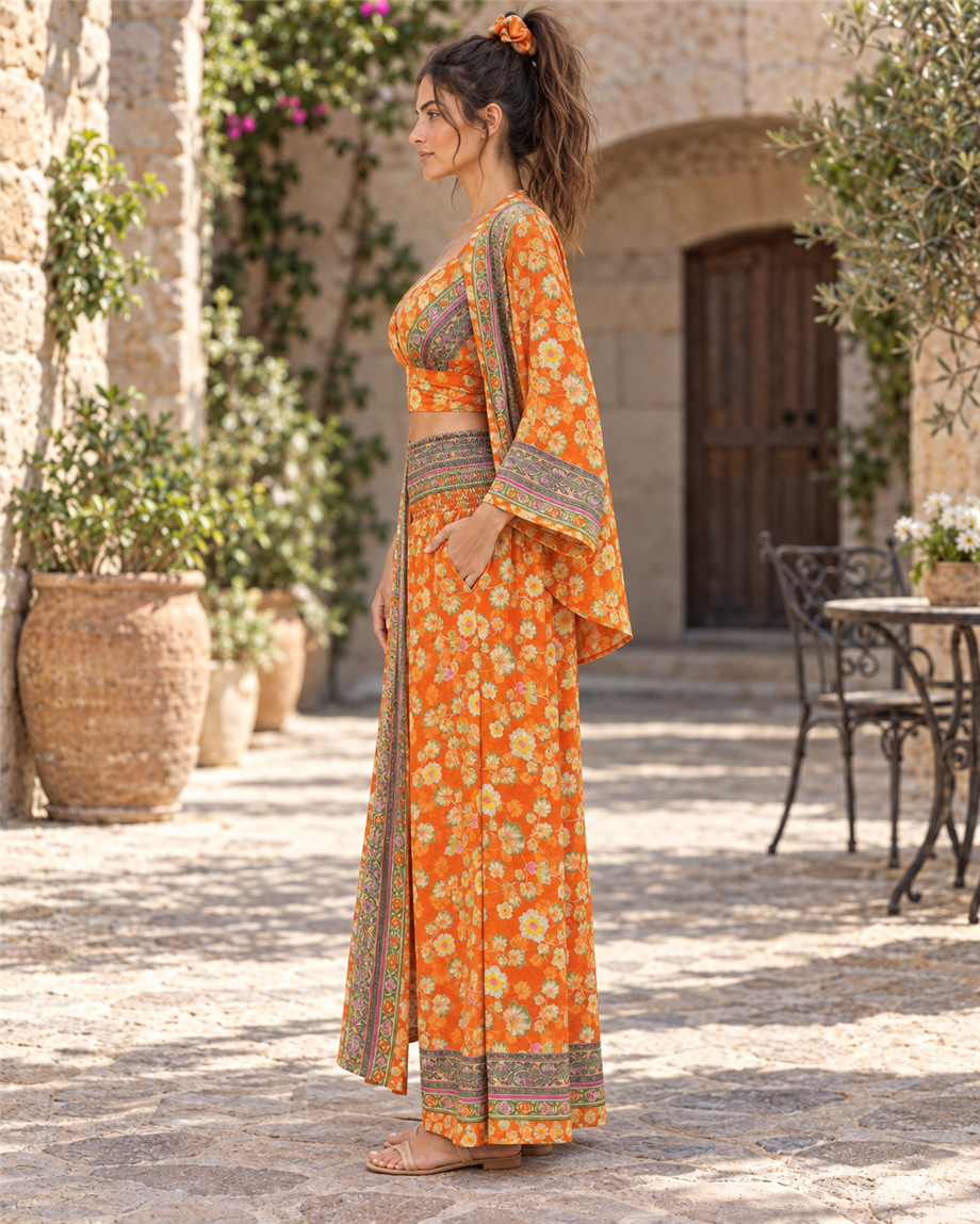 Turuncu Renk Cep Detaylı İpek Pantolon Crop Kimono Üçlü Takım