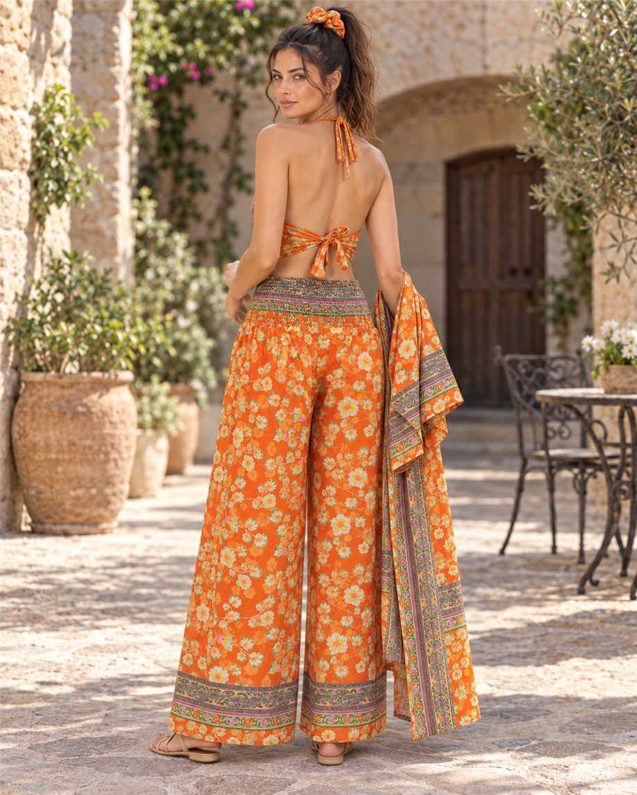 Turuncu Renk Cep Detaylı İpek Pantolon Crop Kimono Üçlü Takım