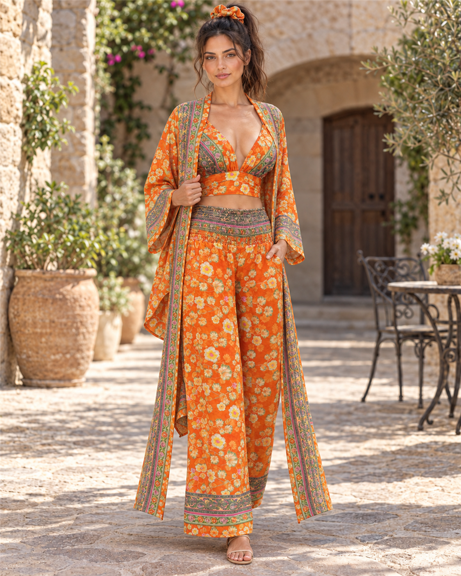Turuncu Renk Cep Detaylı İpek Pantolon Crop Kimono Üçlü Takım