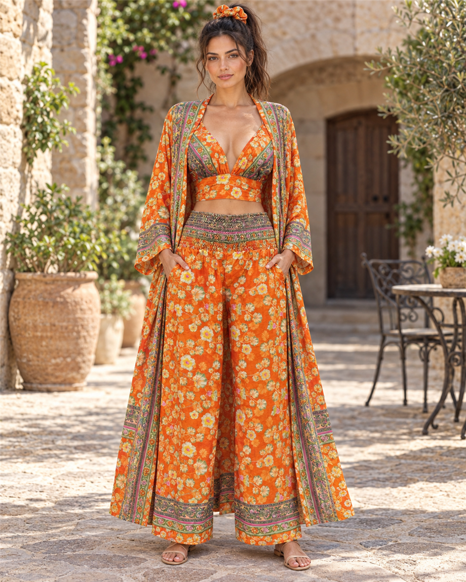 Turuncu Renk Cep Detaylı İpek Pantolon Crop Kimono Üçlü Takım