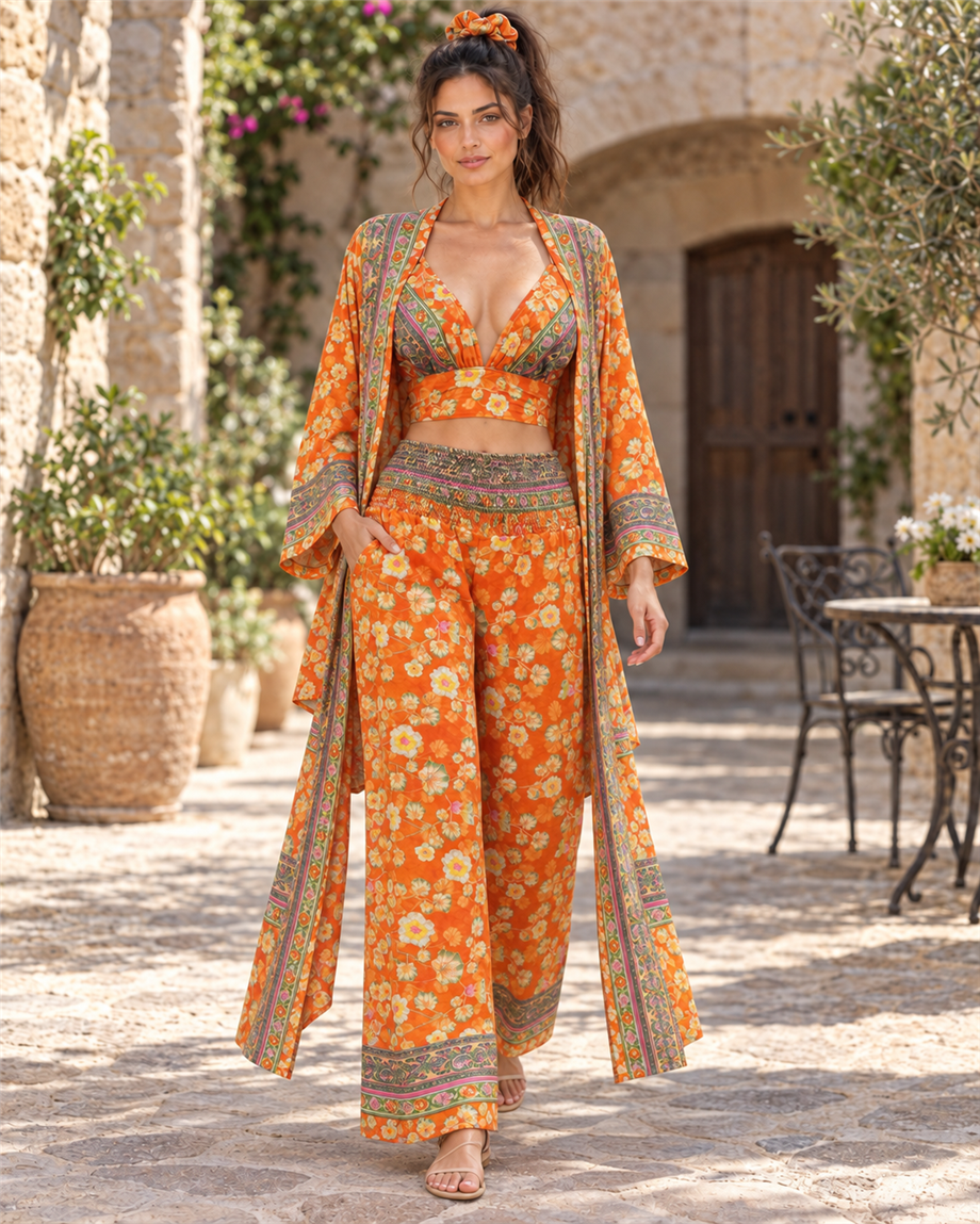 Turuncu Renk Cep Detaylı İpek Pantolon Crop Kimono Üçlü Takım