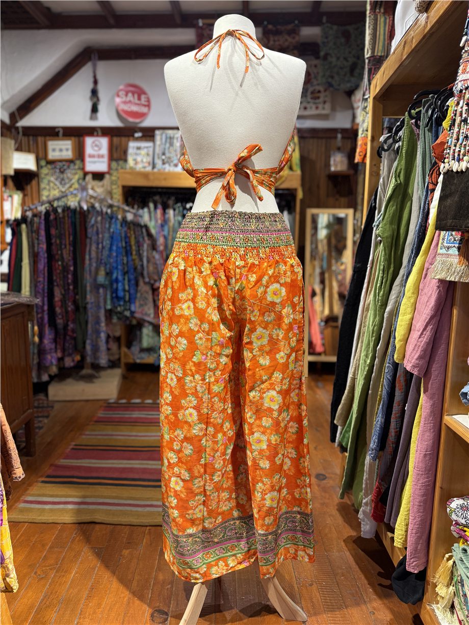 Turuncu Renk Cep Detaylı İpek Pantolon Crop Kimono Üçlü Takım