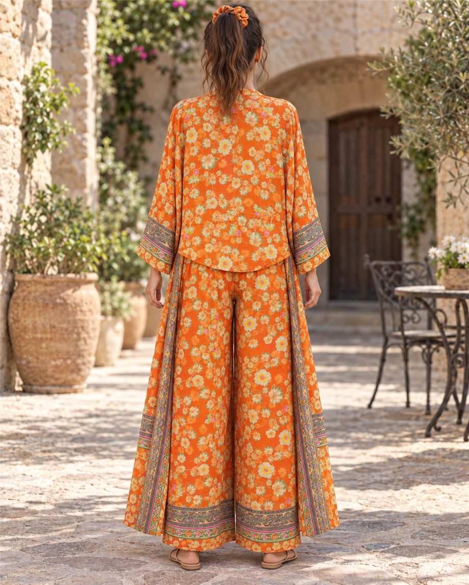 Turuncu Renk Cep Detaylı İpek Pantolon Crop Kimono Üçlü Takım