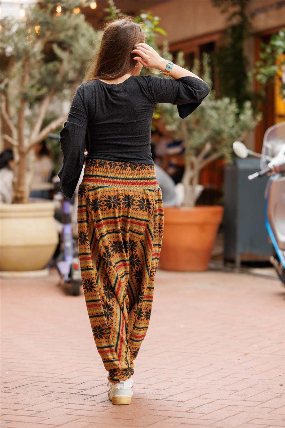 Turuncu Renk Gipe Bel Detaylı Kışlık Kilim Desenli Şalvar