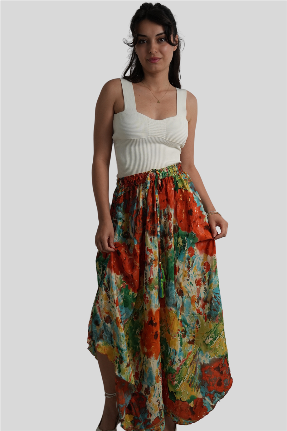 Turuncu Renk Gold Detaylı İpek Uzun Etek