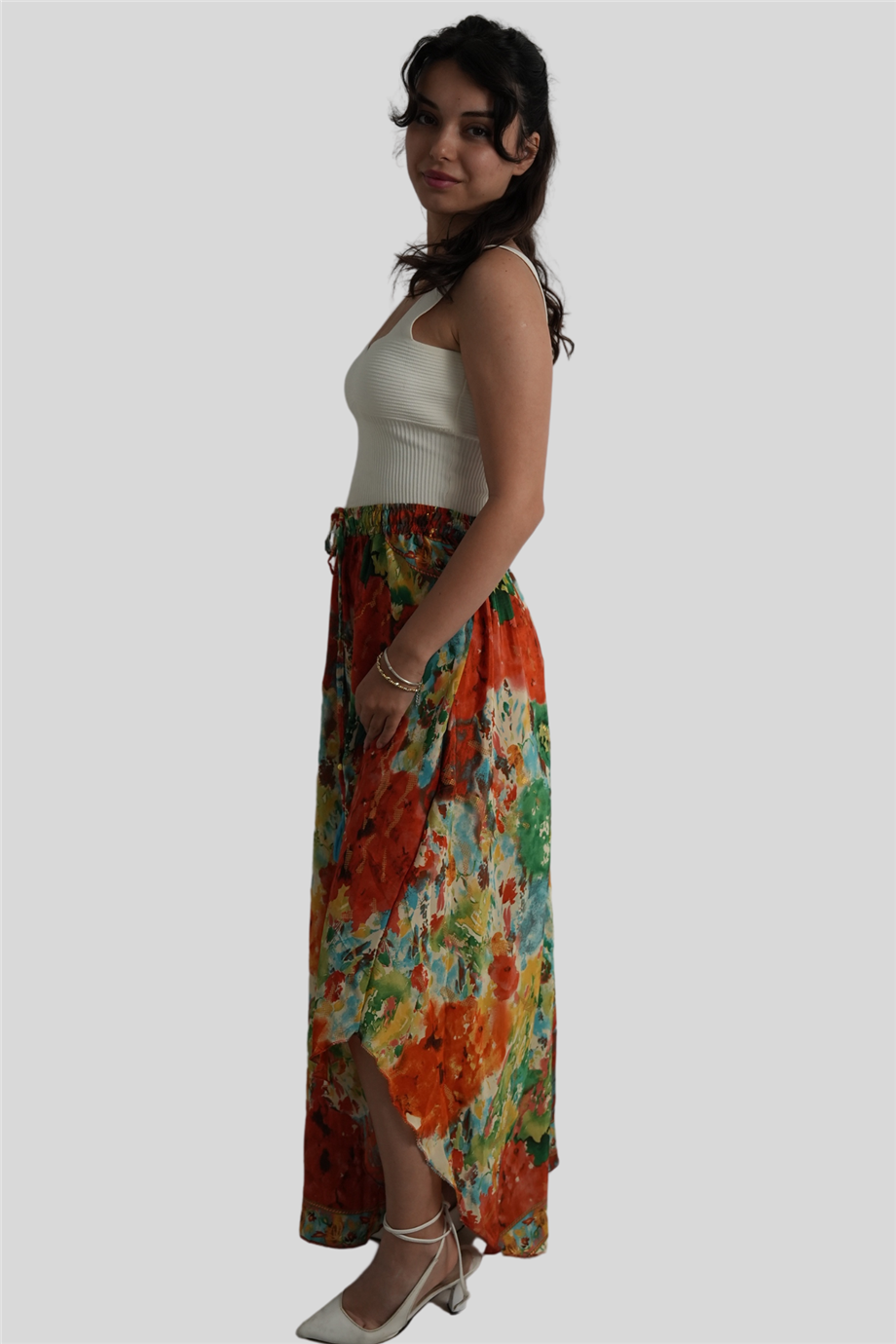 Turuncu Renk Gold Detaylı İpek Uzun Etek