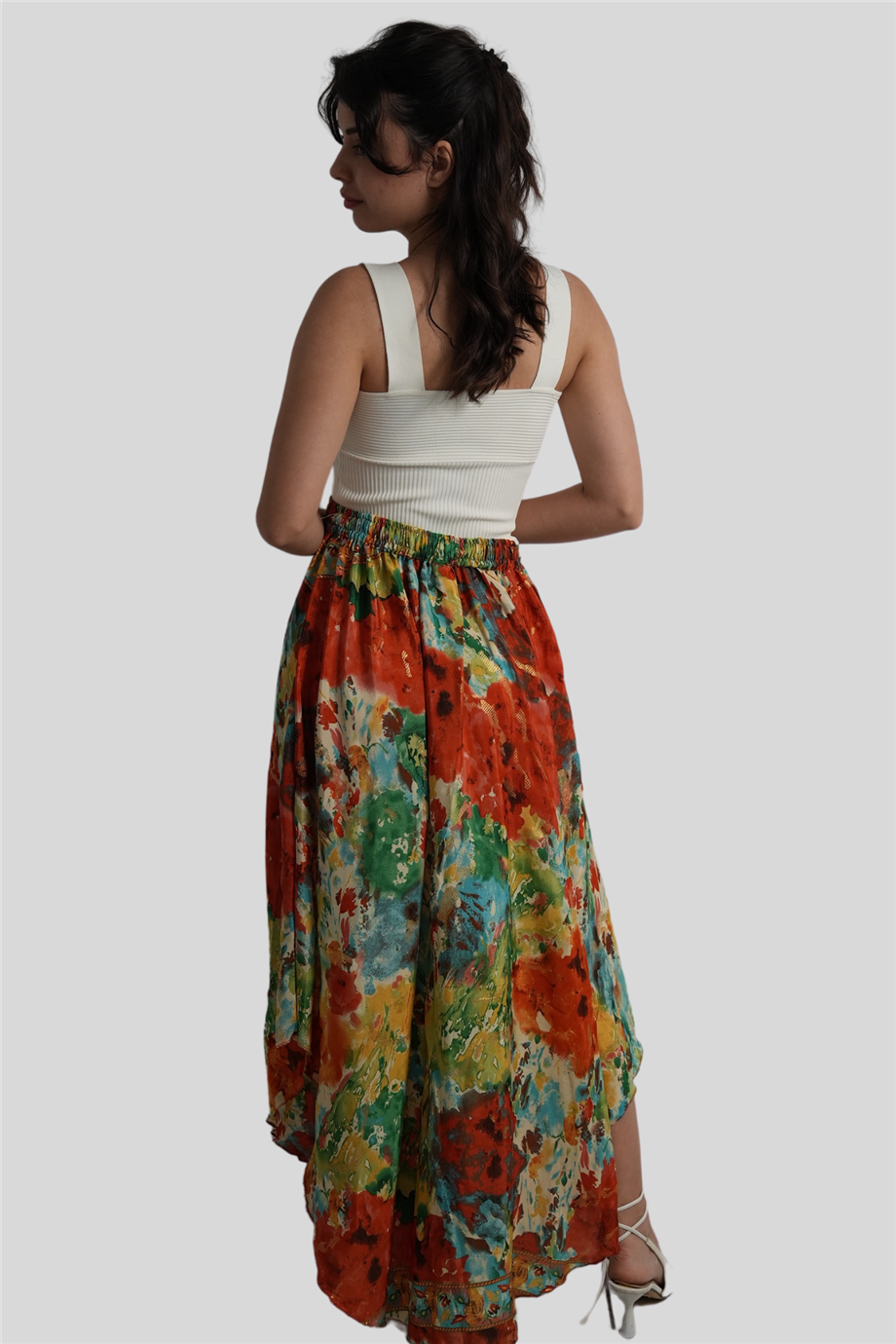 Turuncu Renk Gold Detaylı İpek Uzun Etek