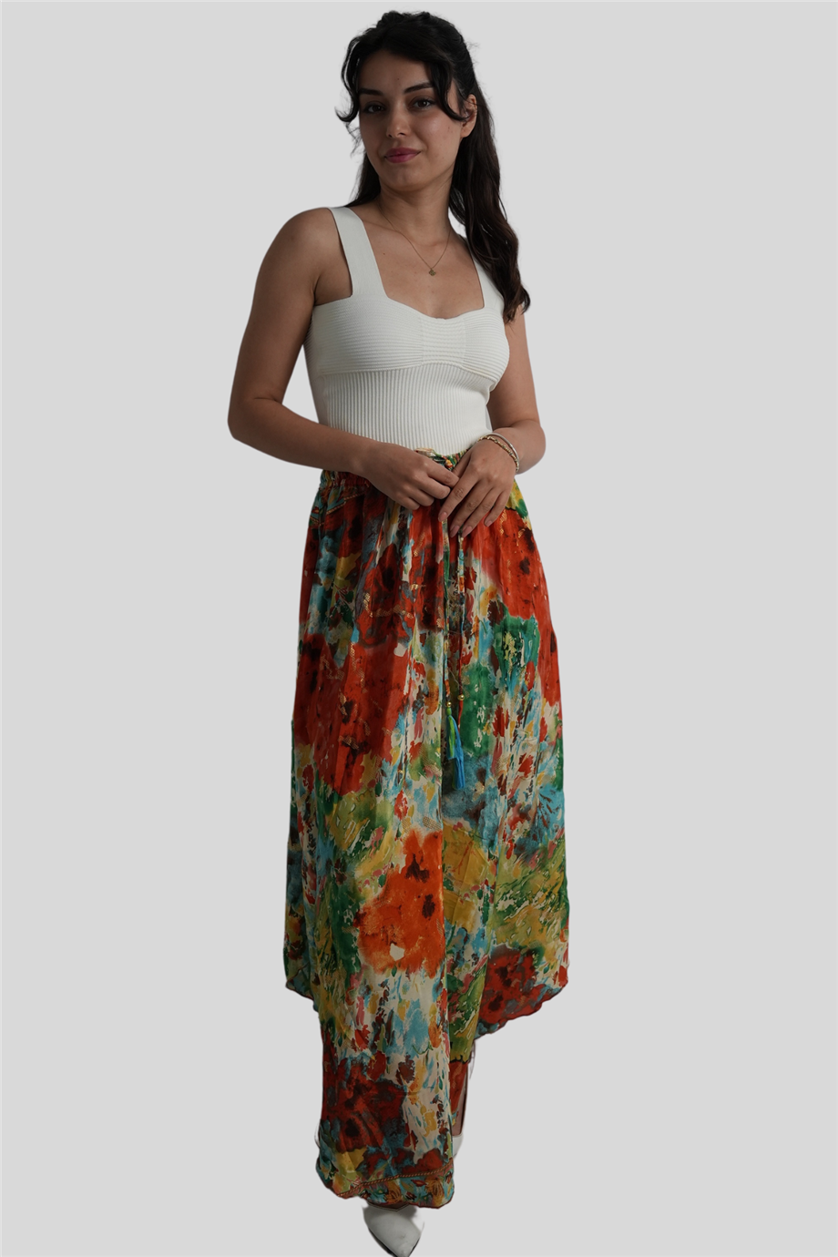 Turuncu Renk Gold Detaylı İpek Uzun Etek