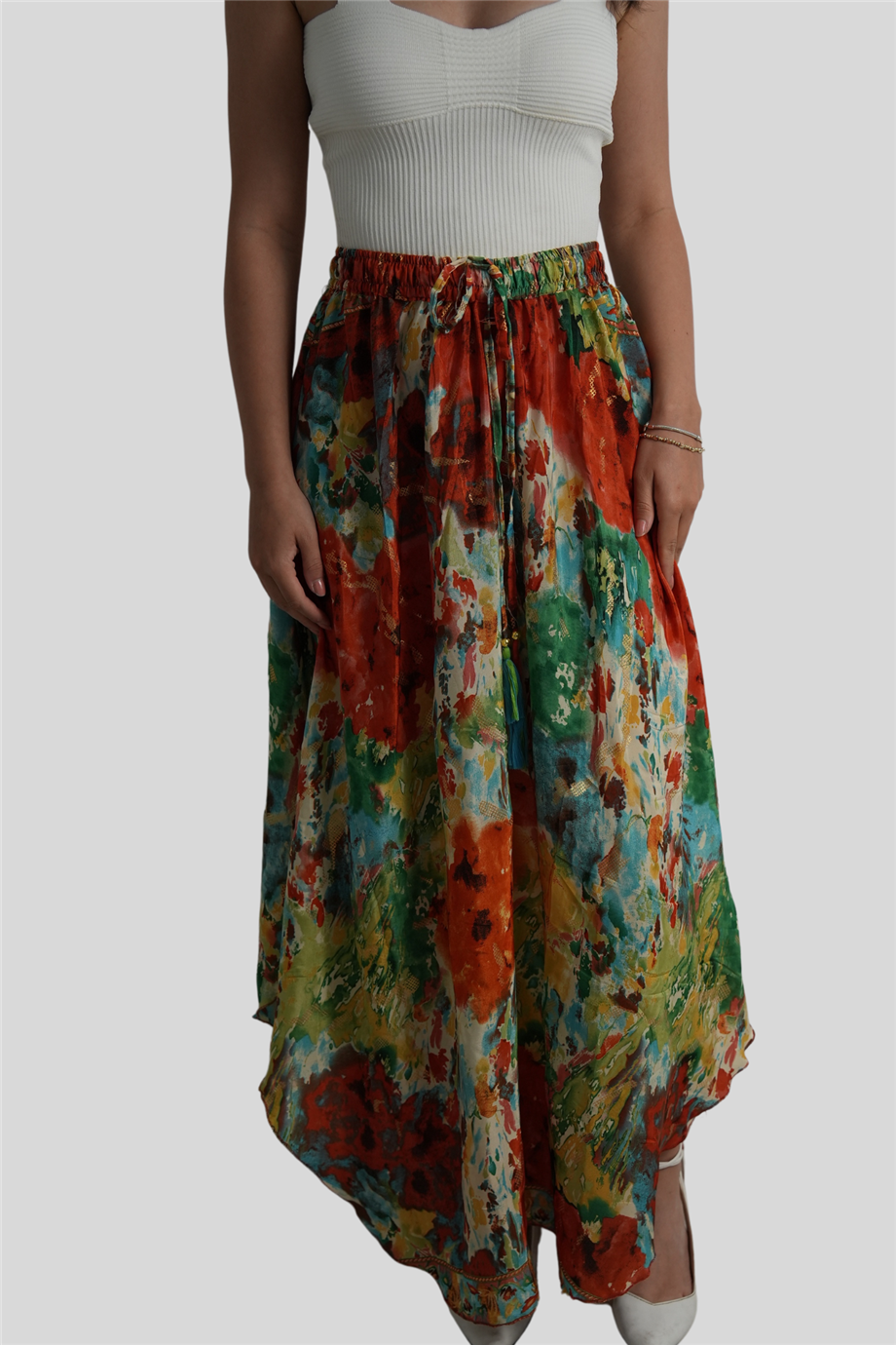 Turuncu Renk Gold Detaylı İpek Uzun Etek